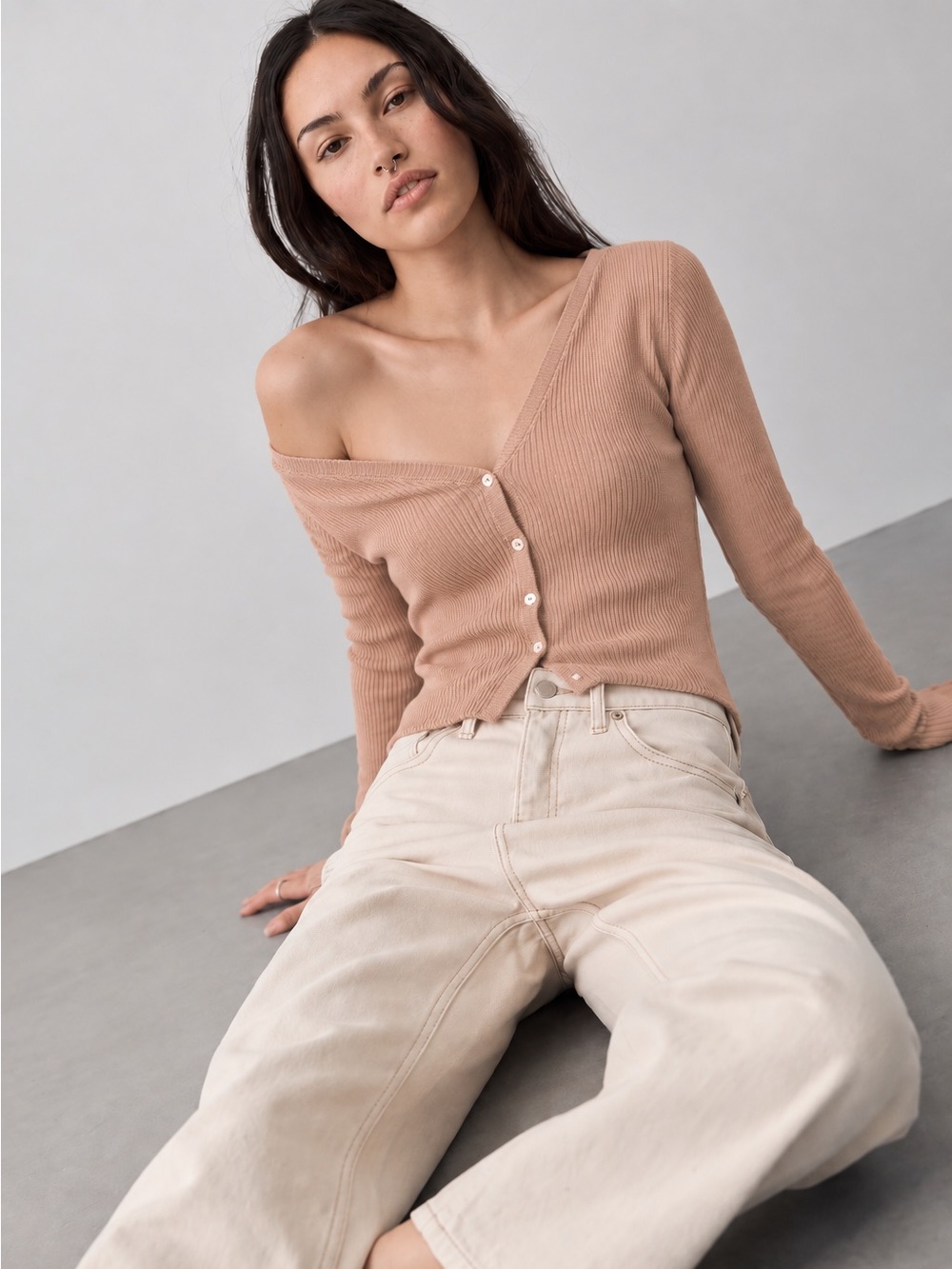 213. Silk Blend Women's Mauve Button-Front Ribbed Cardigan Sweater